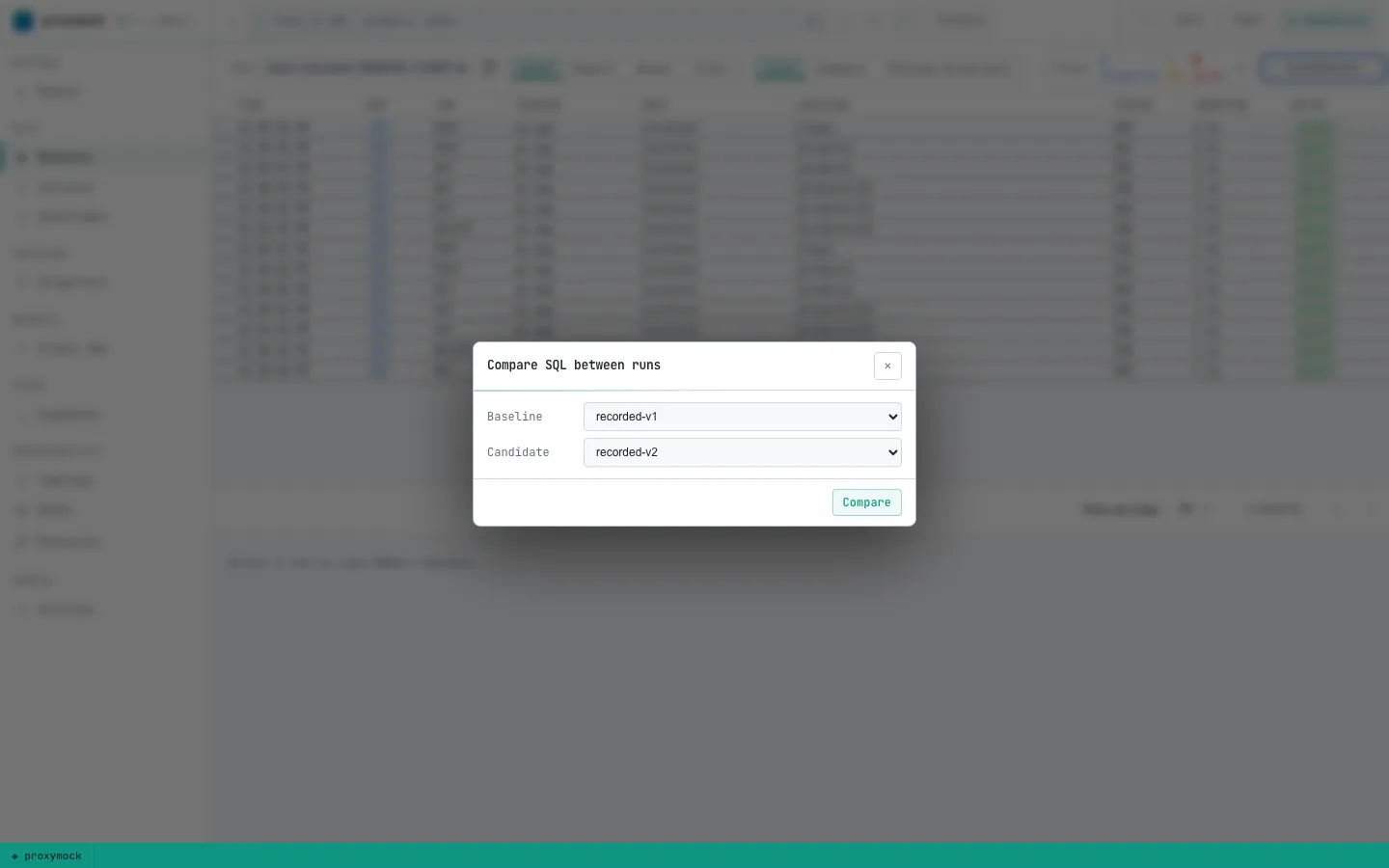 The compare picker with recorded-v1 as baseline and recorded-v2 as candidate