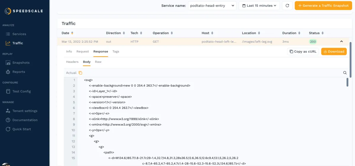 Speedscale UI showing specific request from podtato-head