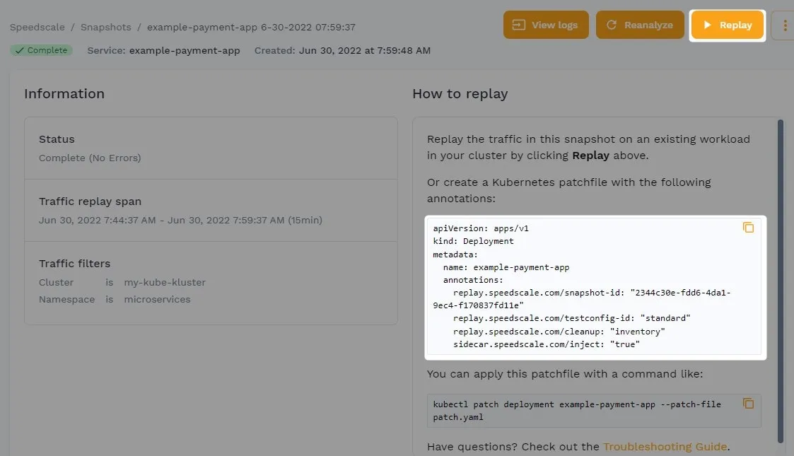 Speedscale’s Replay traffic feature