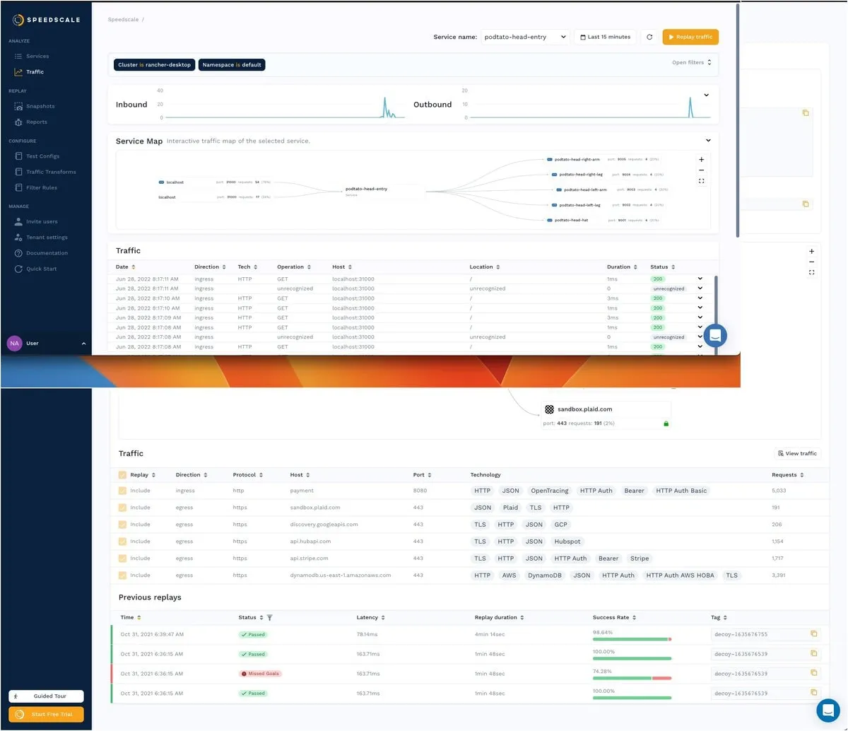 Then click on Traffic in the Speedscale UI, and from the drop-down list corresponding to Service ...