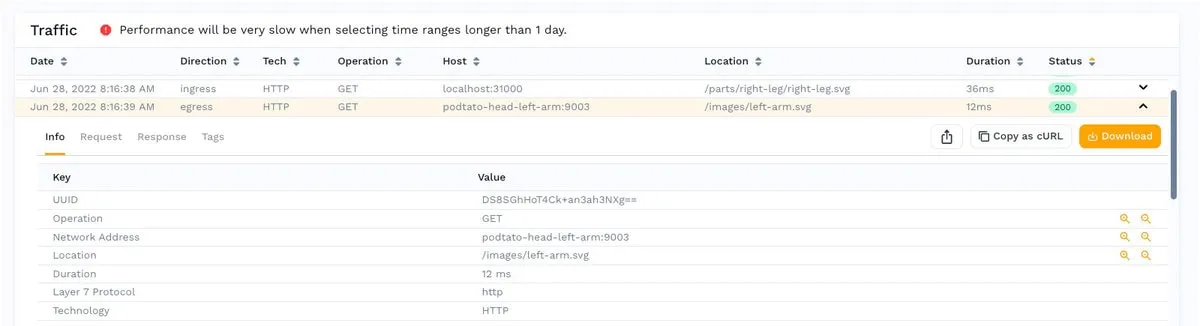 This list displays valuable information such as traffic direction, protocol, operation, host, loc...