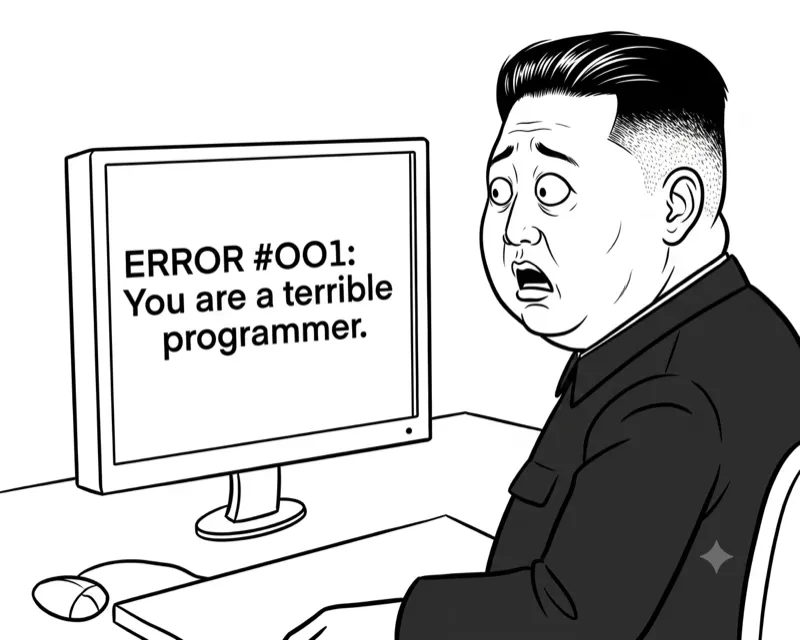 Cartoon illustration of a programmer reacting to a computer screen displaying the message ERROR #001: You are a terrible programmer.
