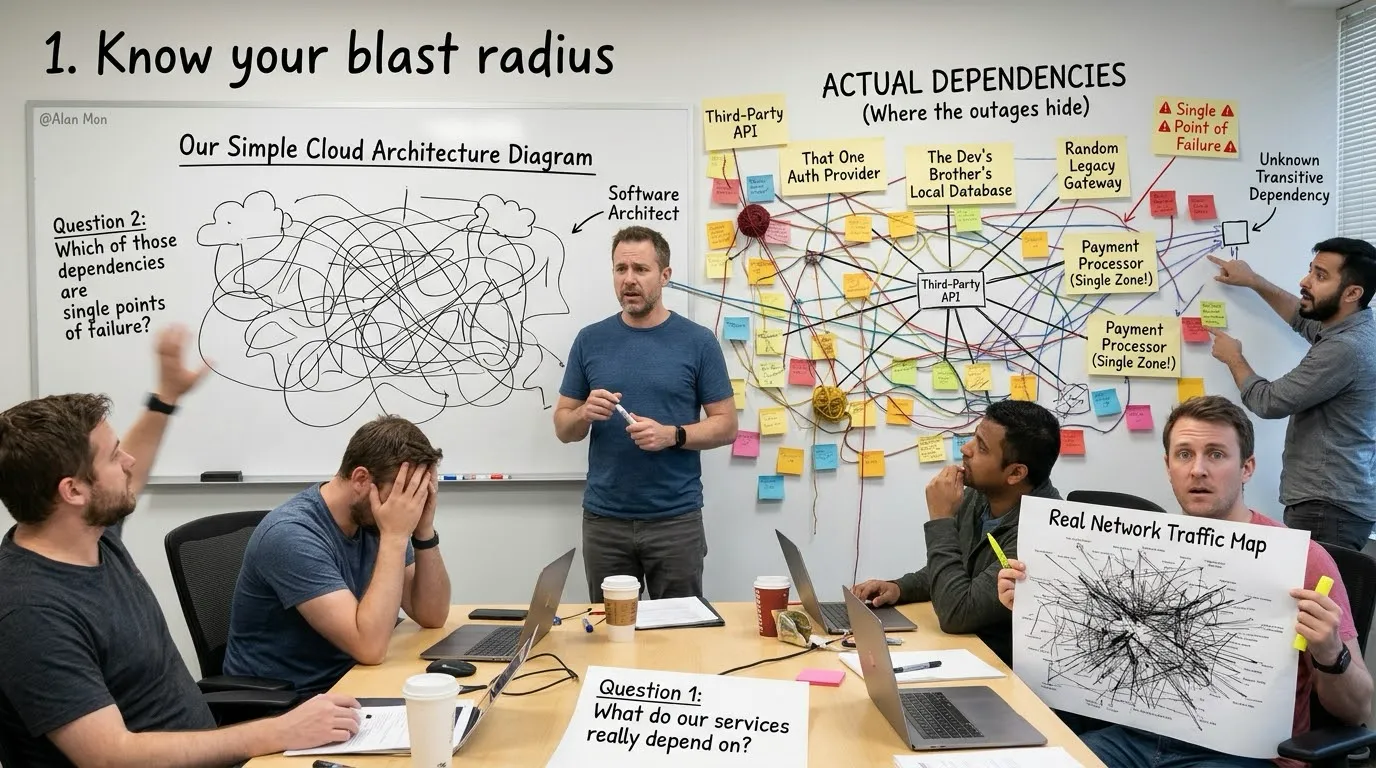 Whiteboard of a simple architecture diagram next to a wall of tangled sticky notes showing the real dependencies, with a team asking what their services depend on