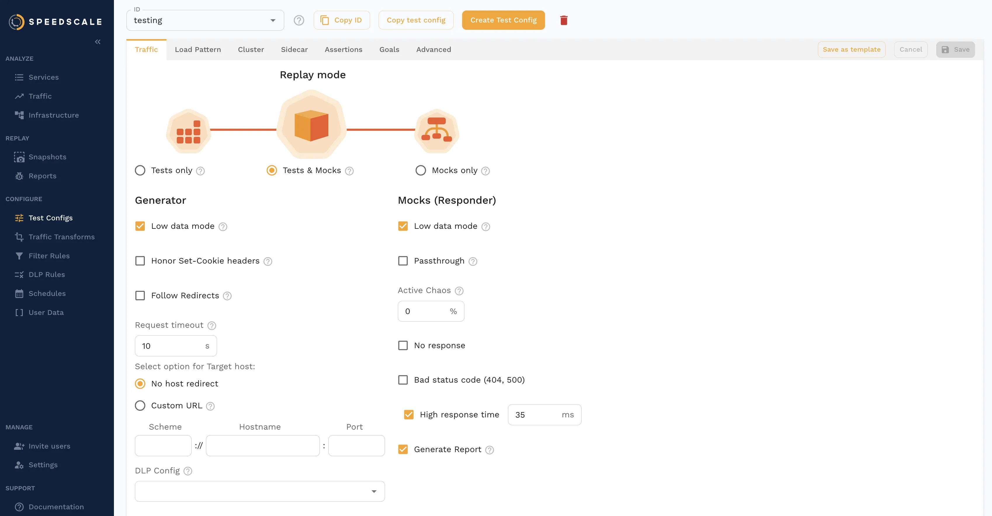 Example test configuration in Speedscale