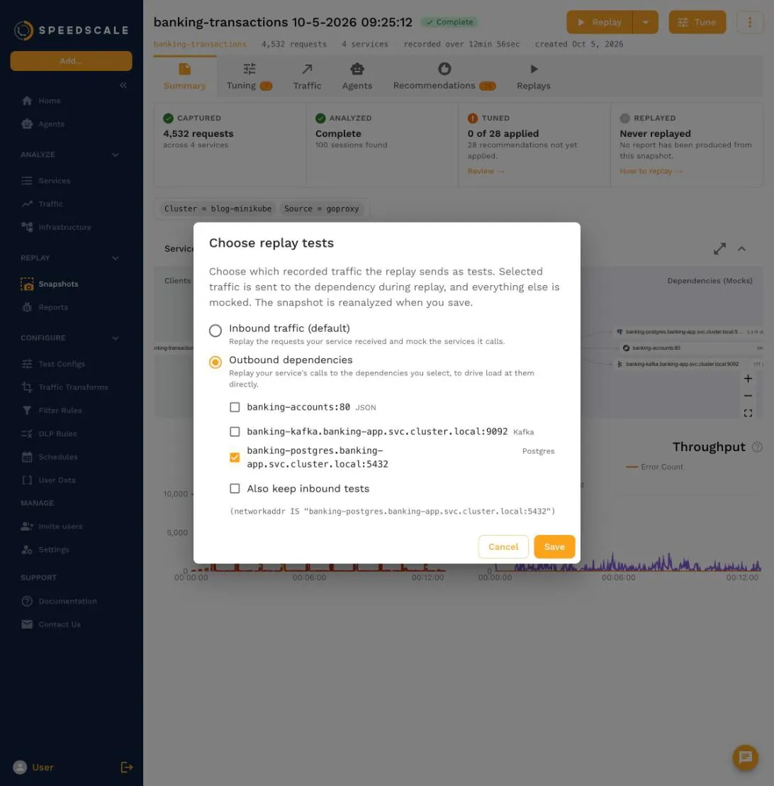 The Choose replay tests dialog with the banking-postgres Postgres dependency checked and the networkaddr filter shown