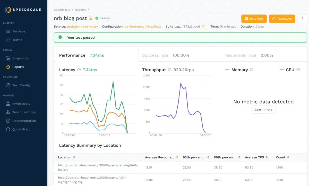 Speedscale UI showing requests in a specific snapshot