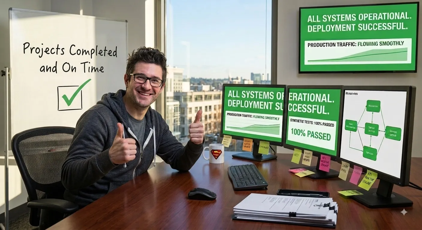 An engineer giving two thumbs up in front of dashboards showing passing synthetic tests and a successful deployment