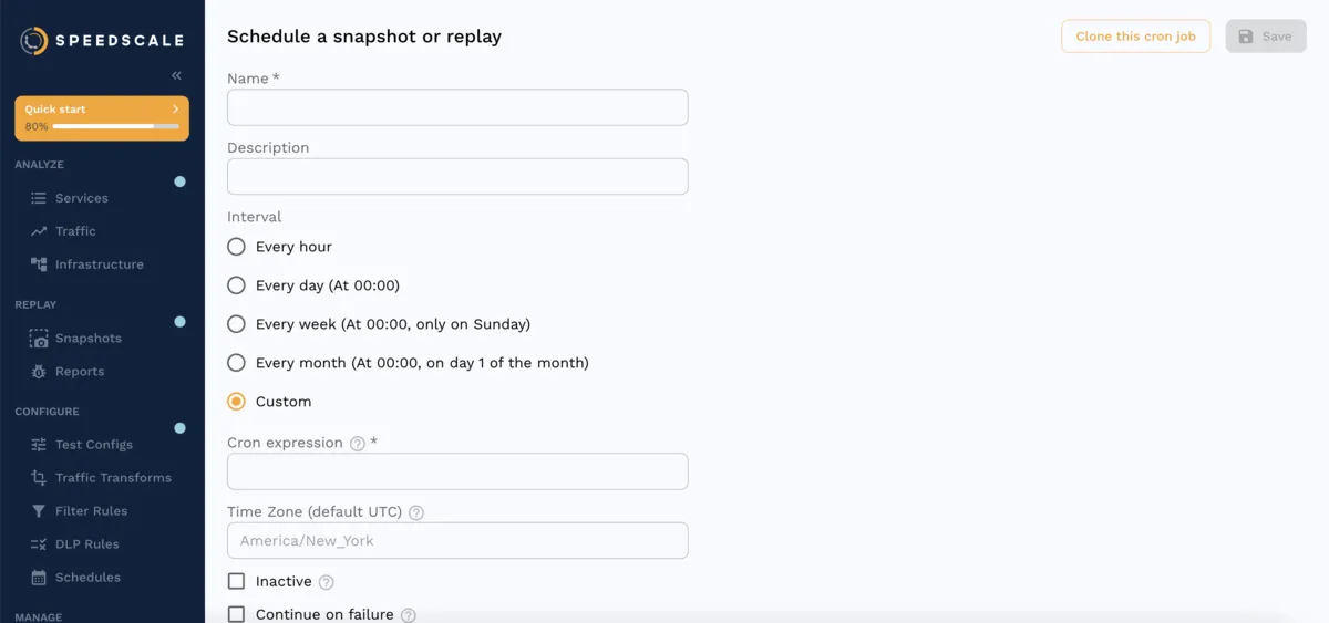 Speedscale’s user interface, showing the snapshot scheduler