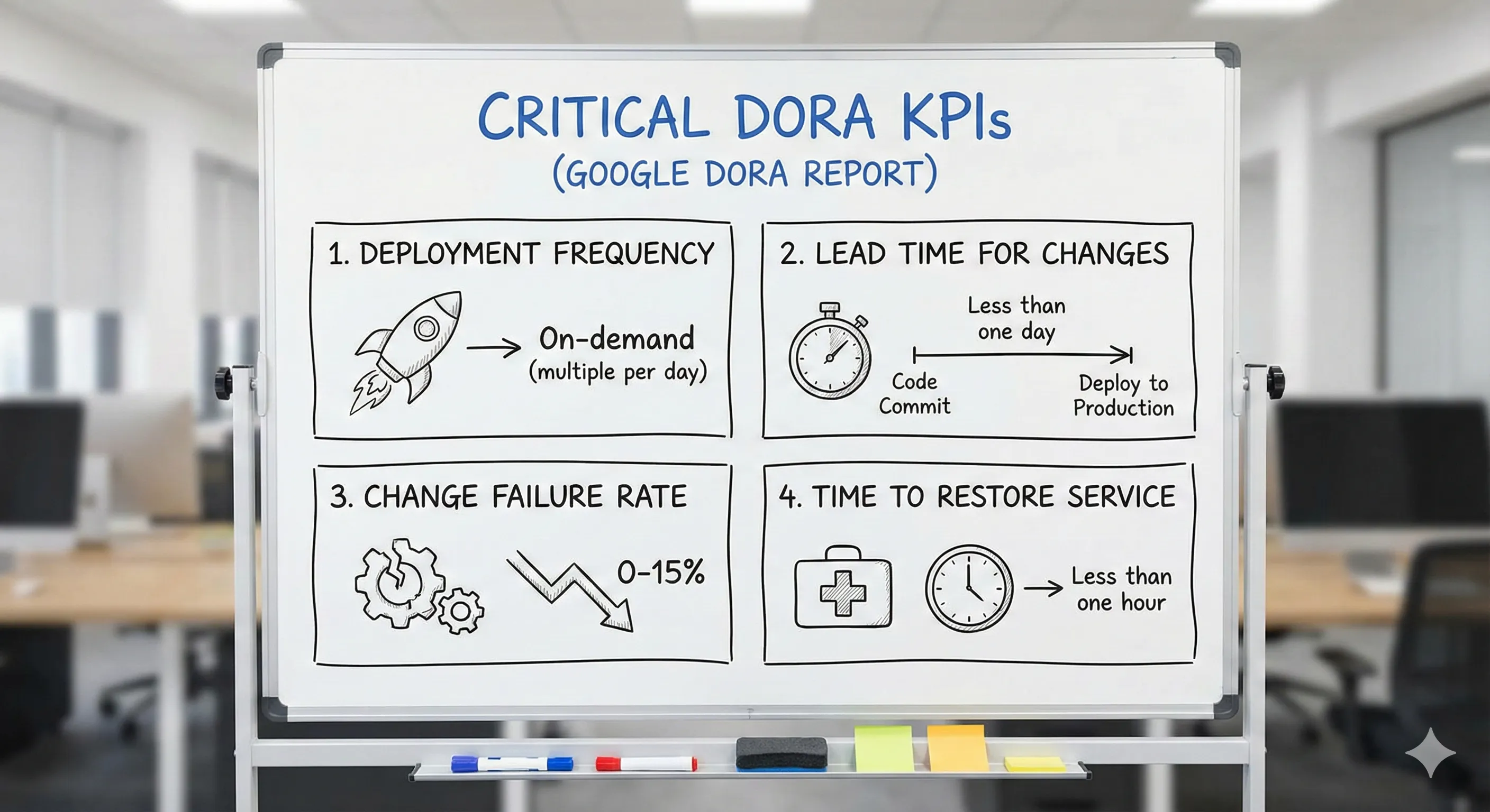 The four DORA metrics: Deployment Frequency, Lead Time for Changes, Change Failure Rate, and Mean Time to Recovery