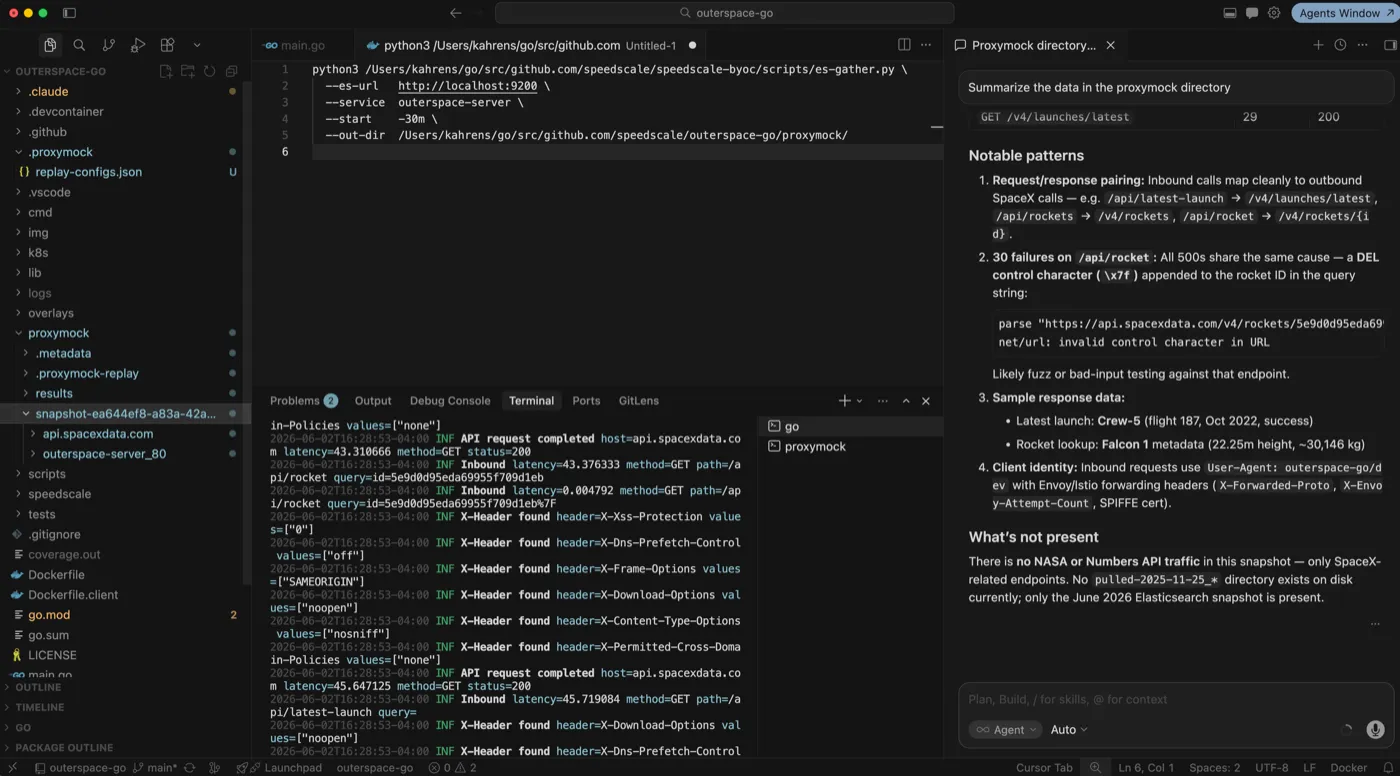 Cursor IDE with AI agent analyzing the proxymock snapshot — flagging the DEL control character bug on /api/rocket
