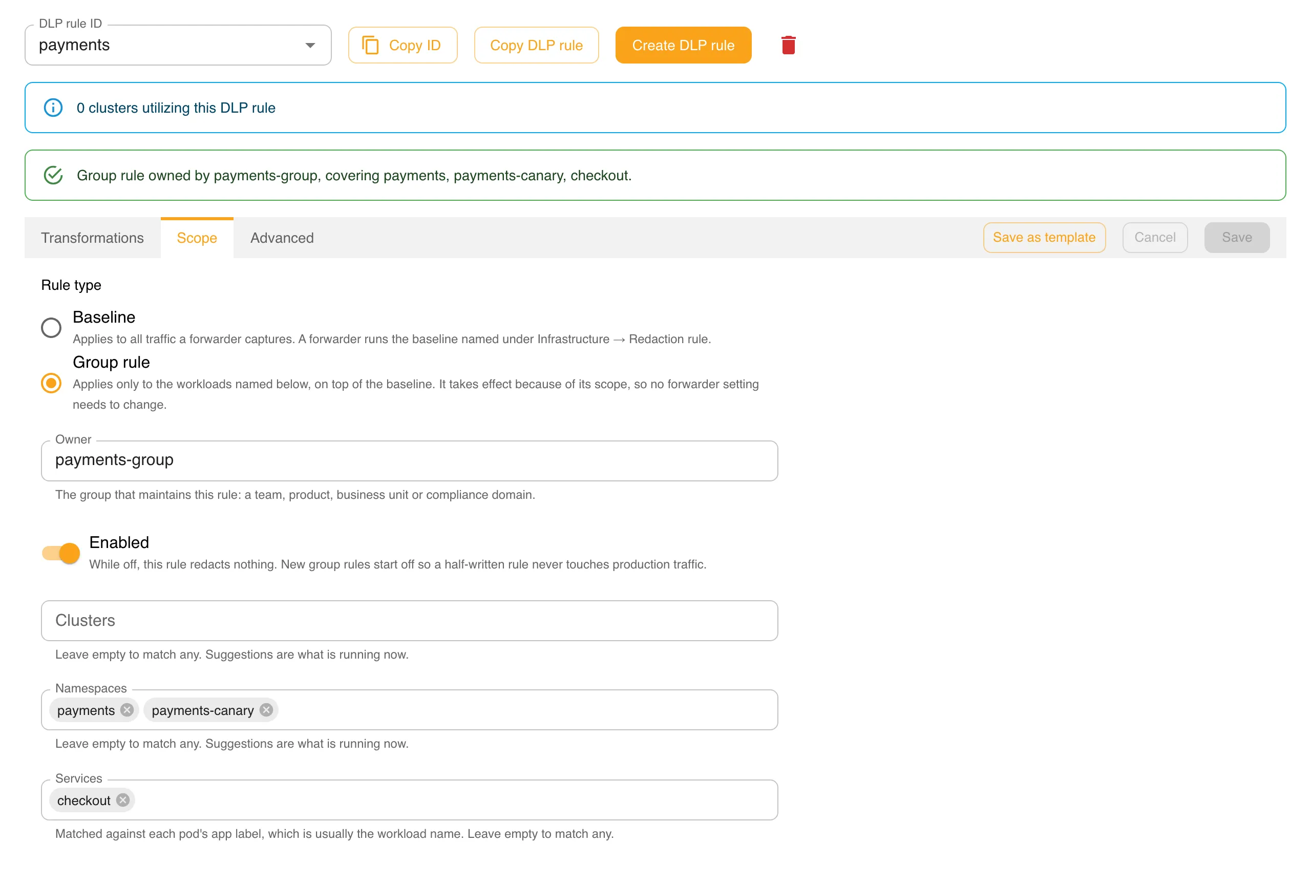 The dashboard Scope tab: rule type, owner, enabled and scope fields for the payments group rule