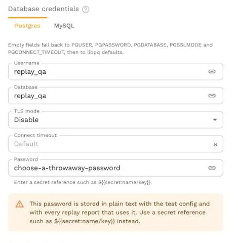 The Database credentials section of the test config editor, with username and database replay_qa, TLS mode Disable, and a warning that the literal password is stored in plain text