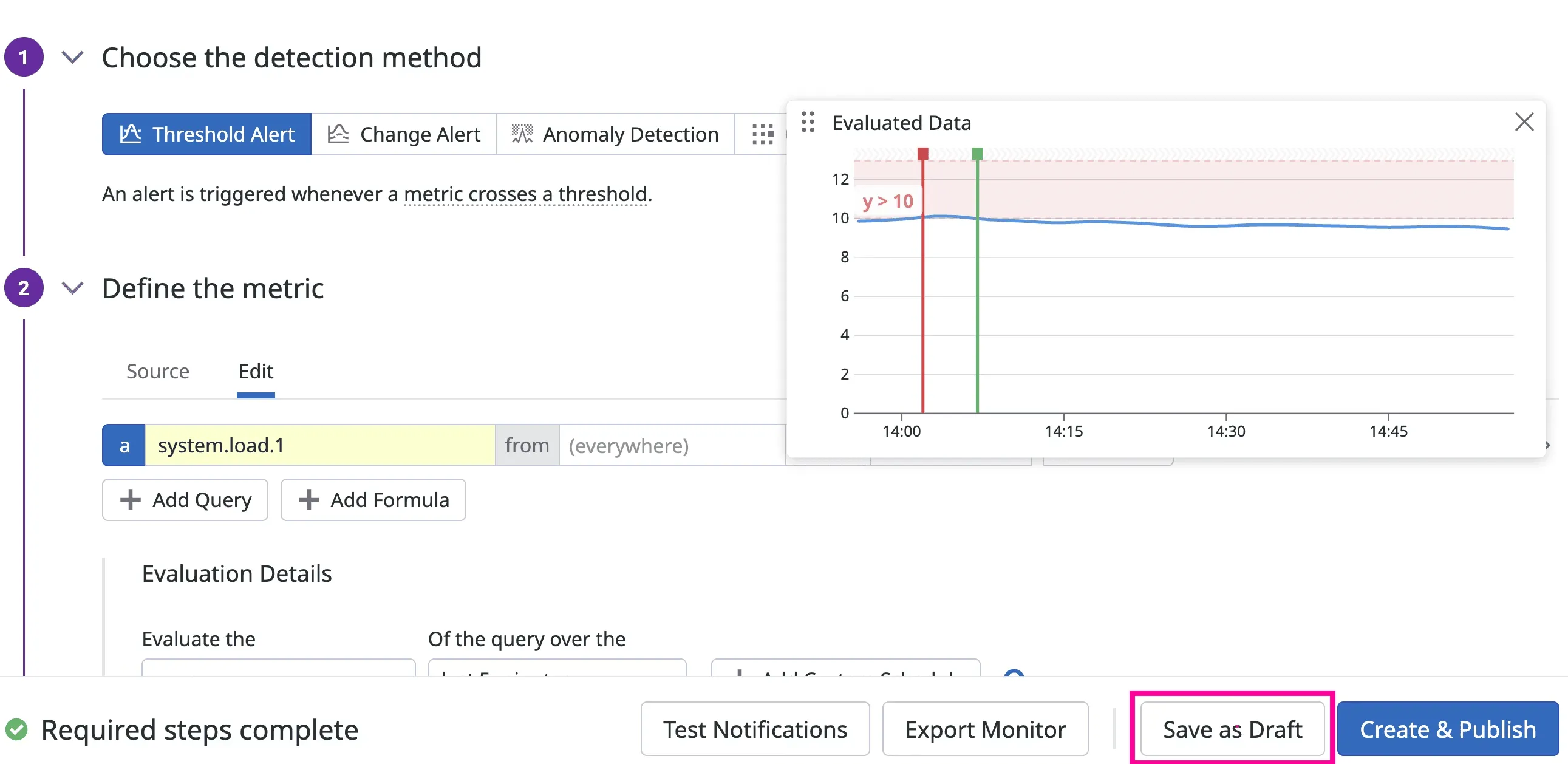 Datadog monitor showing latency and alert conditions for a service endpoint