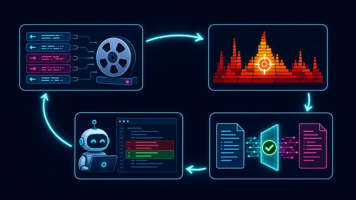 A four-stage debugging loop connects recorded API traffic, a CPU flamegraph, an AI-generated code change, and deterministic response comparison.