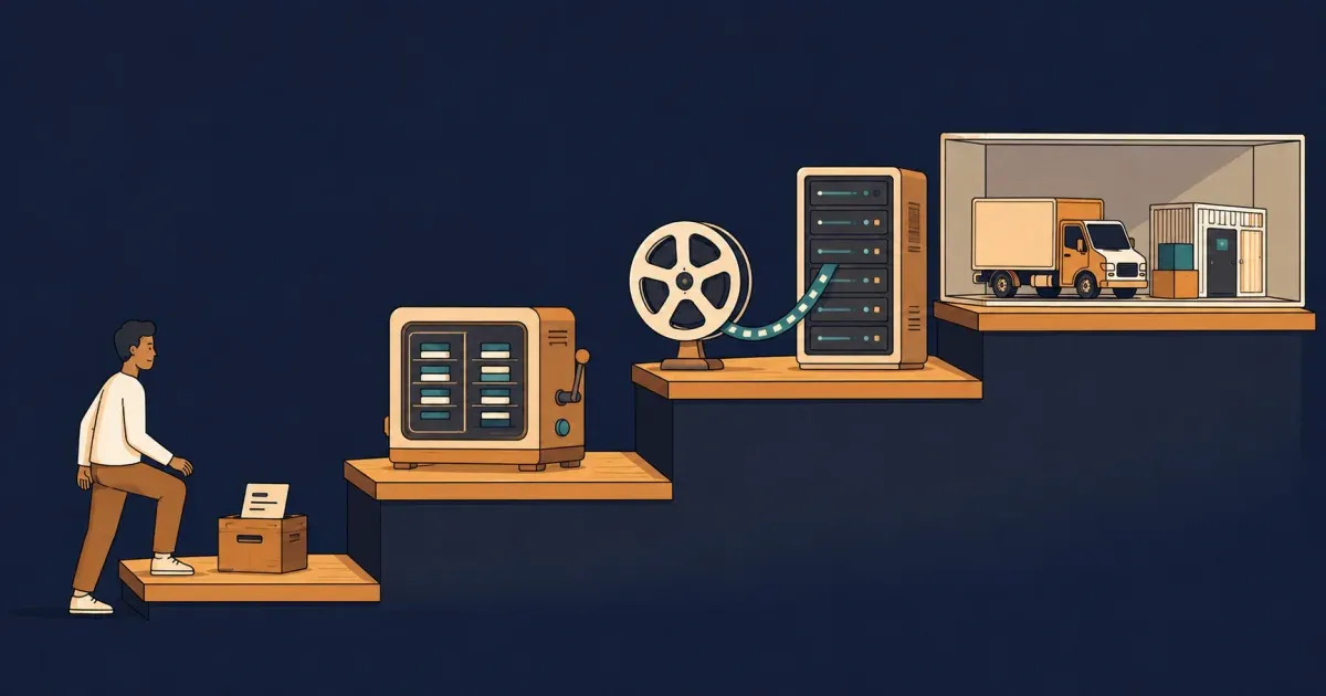 A developer climbs from a small handwritten response box to a stateful machine, recorded traffic, and a contained realistic service environment