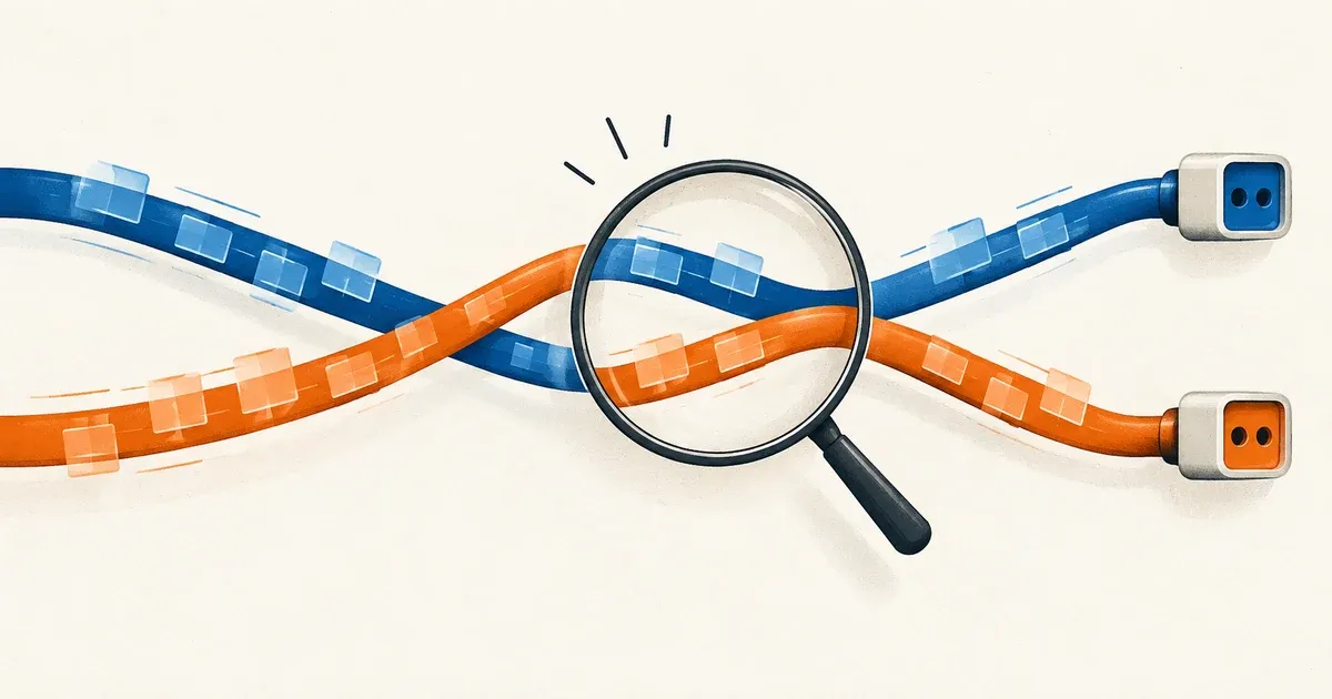 A magnifying glass traces blue and orange data streams through crossed cables to their separate connections.