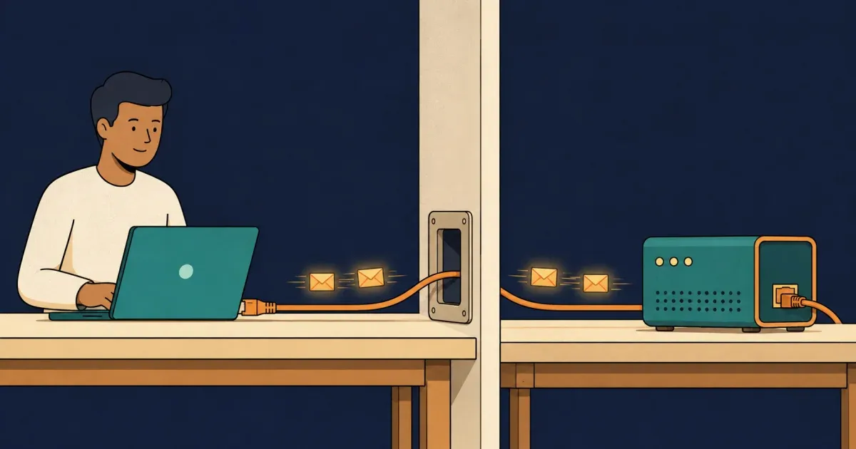 A developer's laptop sends packet-shaped messages over a real cable through a wall to a controlled local server