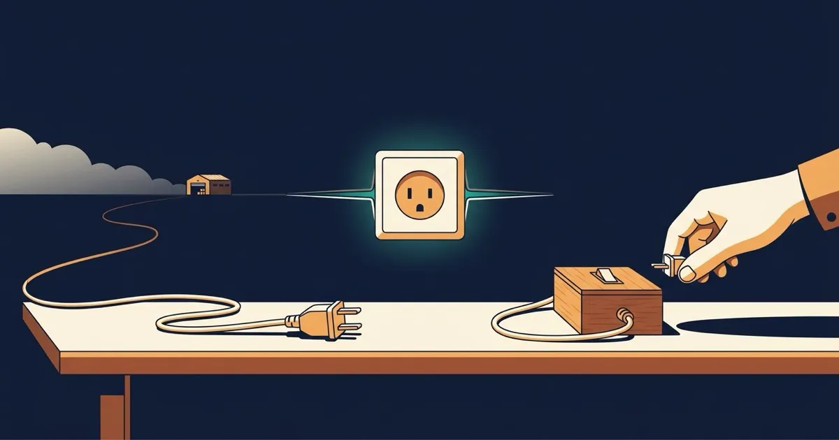 One wall socket with two plugs on a workbench: a long cable running to a distant warehouse and a short one to a small box with a switch