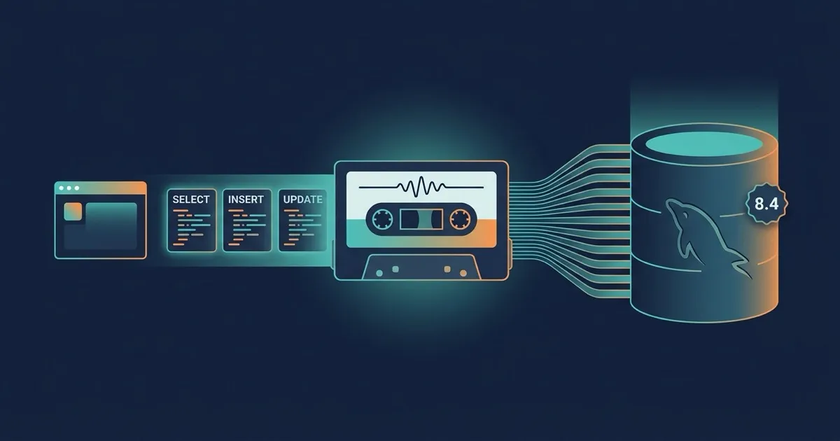 Recorded application statements flowing from an app through a proxymock recording into a MySQL 8.4 database