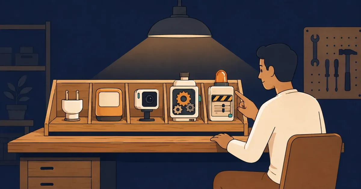 A developer chooses among five distinct testing tools on a workshop bench, including a plug, answer box, camera, working machine, and checkpoint