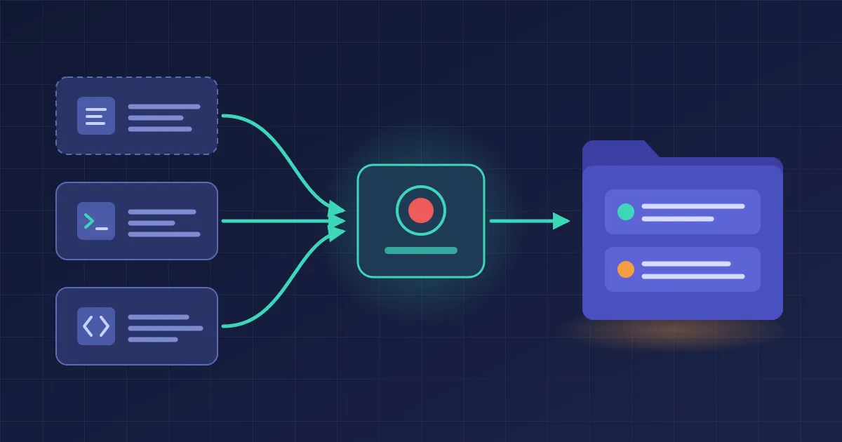 Three sources, a spec, a traffic script and code, flow into a recording step that produces one folder holding both tests and mocks