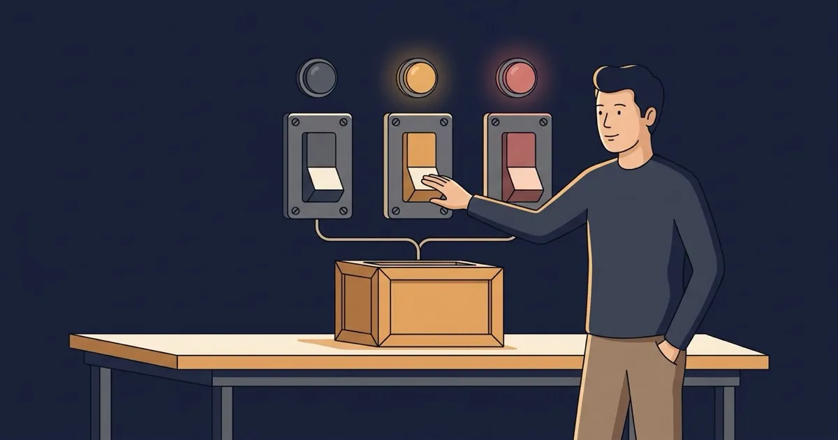 Three industrial wall switches beneath grey, amber and red indicator lamps, with a developer calmly selecting which failure to produce