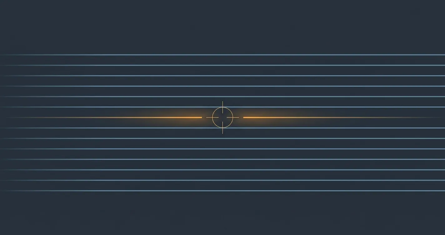A field of parallel API request lines with exactly one severed and glowing amber at the break, framed inside a targeting reticle