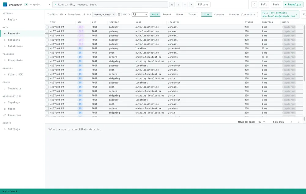 The proxymock Requests grid filtered to a single customer's 35 requests spanning the gateway, auth, orders, and shipping services