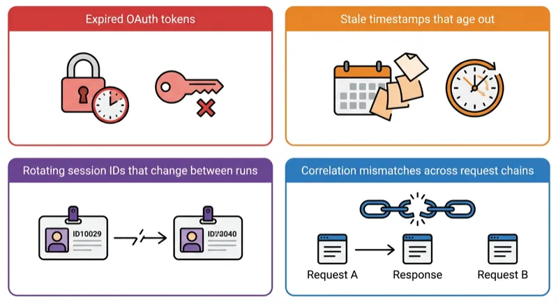 Four categories of flaky test data: expired tokens, stale timestamps, rotating IDs, and correlation mismatches