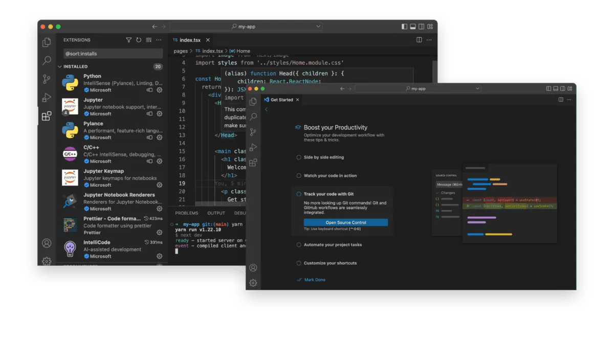 Screenshot showcasing VSCodes integrated development environment.