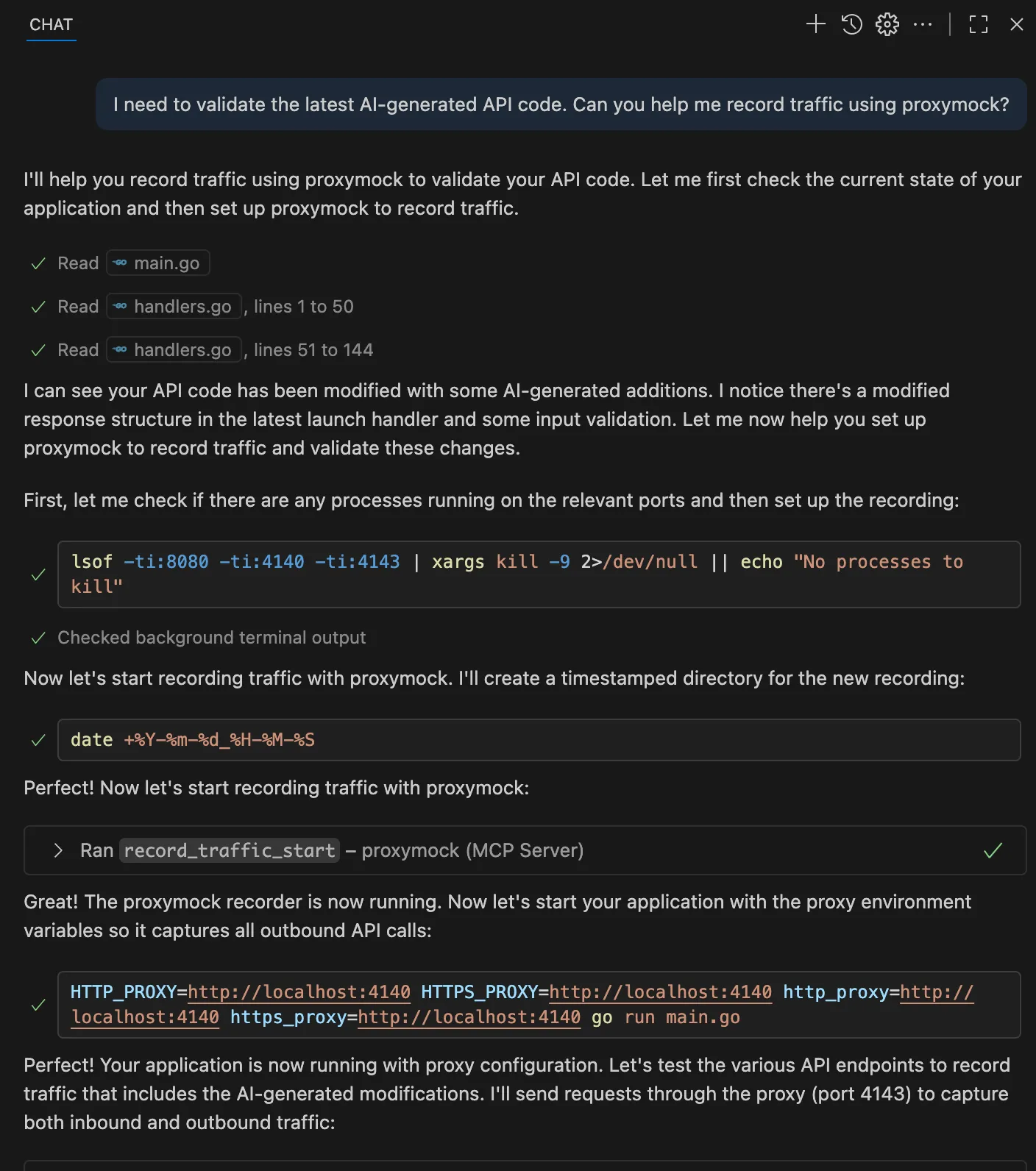 prompting ai validating api using traffic record through proxymock