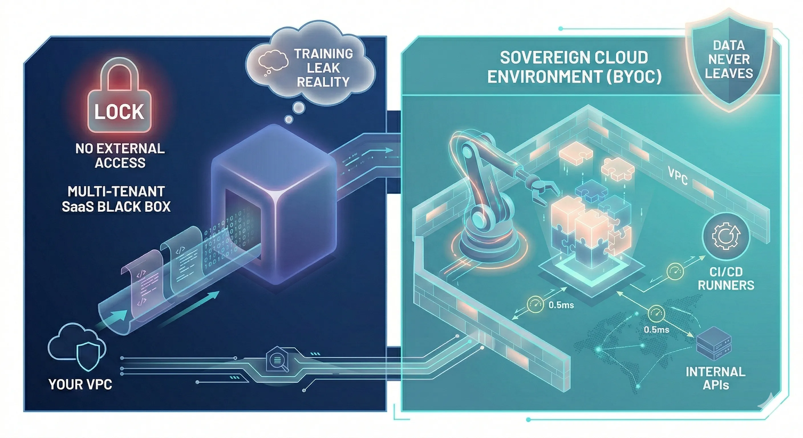SaaS AI vendor black box versus a sovereign BYOC VPC with an autonomous agent operating at sub-millisecond latency inside the secure boundary