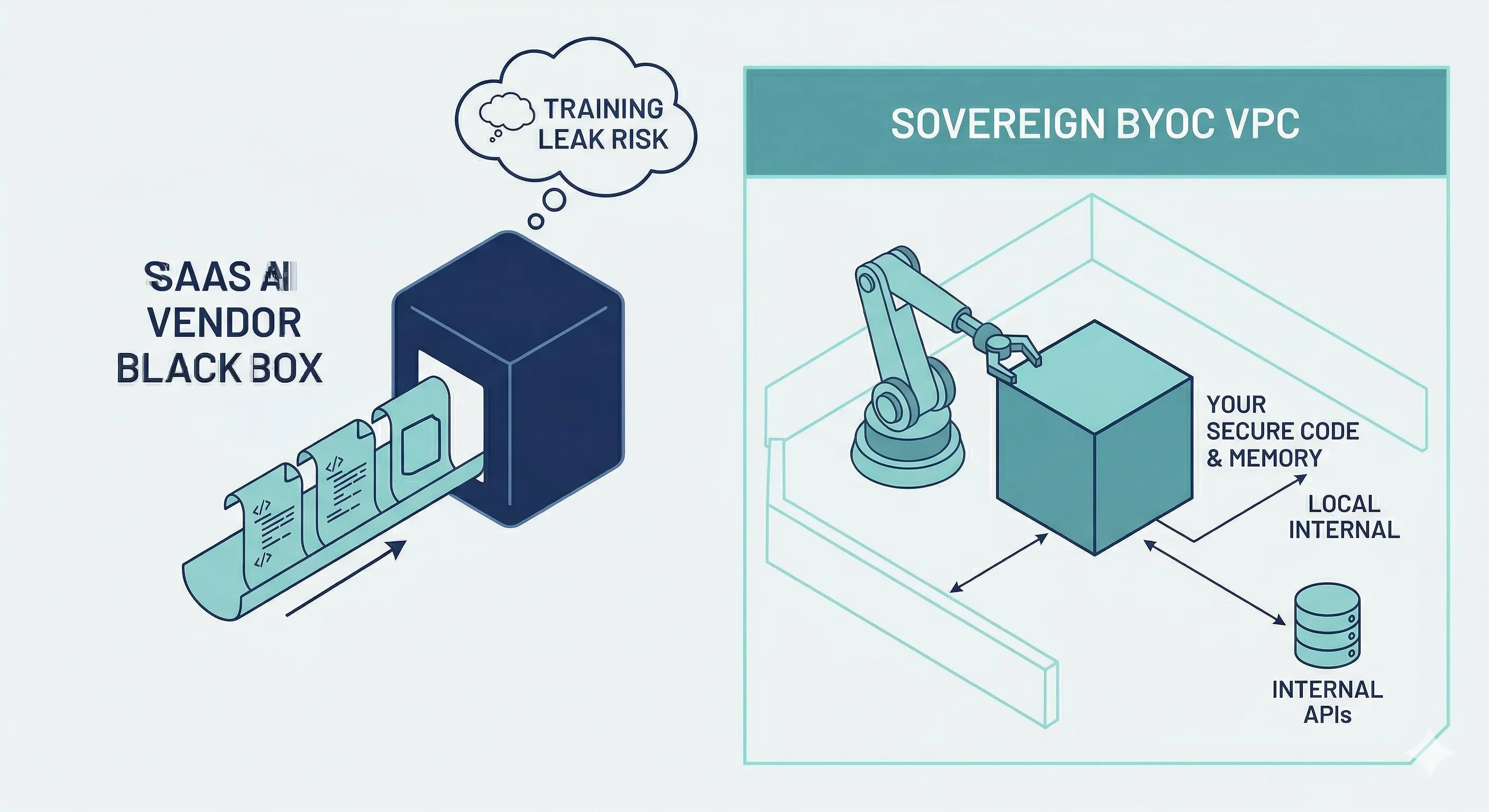The Training Leak risk of SaaS AI on the left versus a sovereign BYOC VPC with secure code, memory, and internal APIs on the right