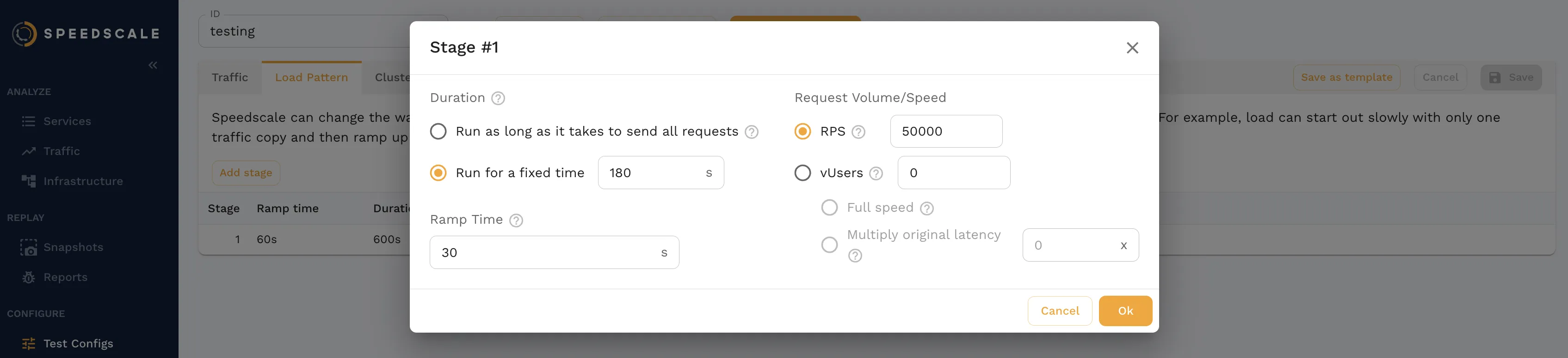 Defining requests per second as part of the load pattern stage