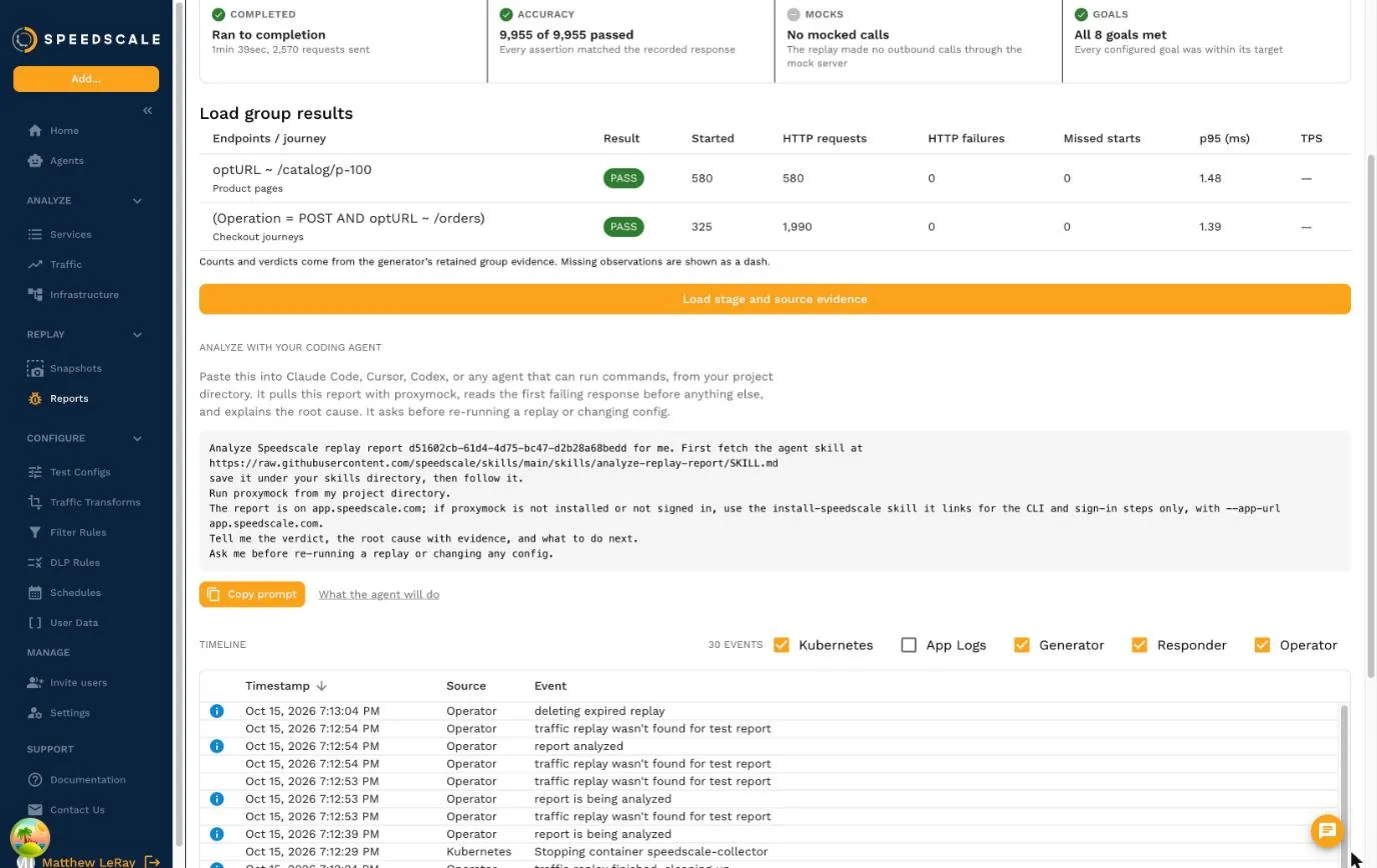 A Speedscale replay report showing load group results: product pages and checkout journeys each with a pass verdict, started count, HTTP requests, failures, missed starts and p95 latency