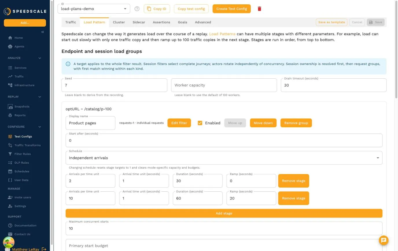 The Speedscale test config editor showing endpoint and session load groups, with a product pages group on independent arrivals ramping from 2 to 10 starts per second
