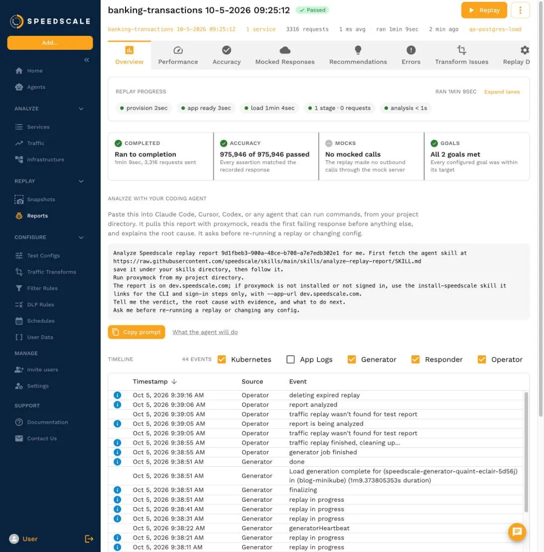 The load test report overview with the replay passed and 975,946 of 975,946 statements matching
