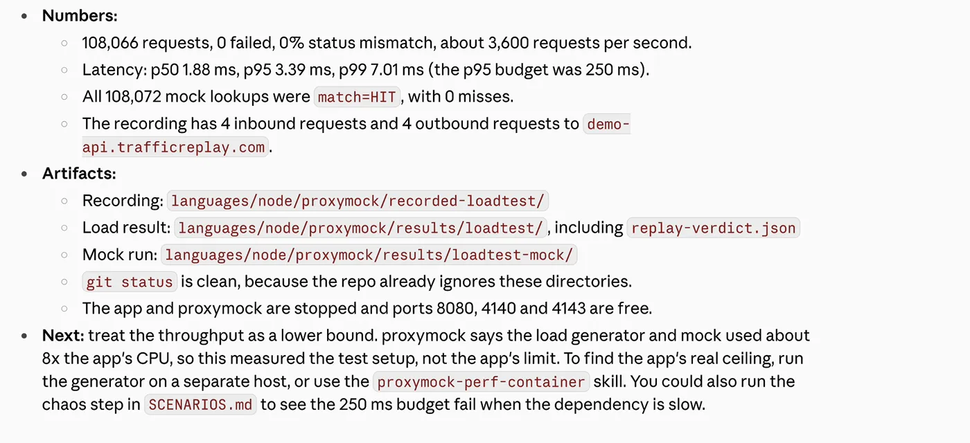 The recorded local load-test result, including latency percentiles, mock matches, saved artifacts, and the warning that the test setup limited throughput.