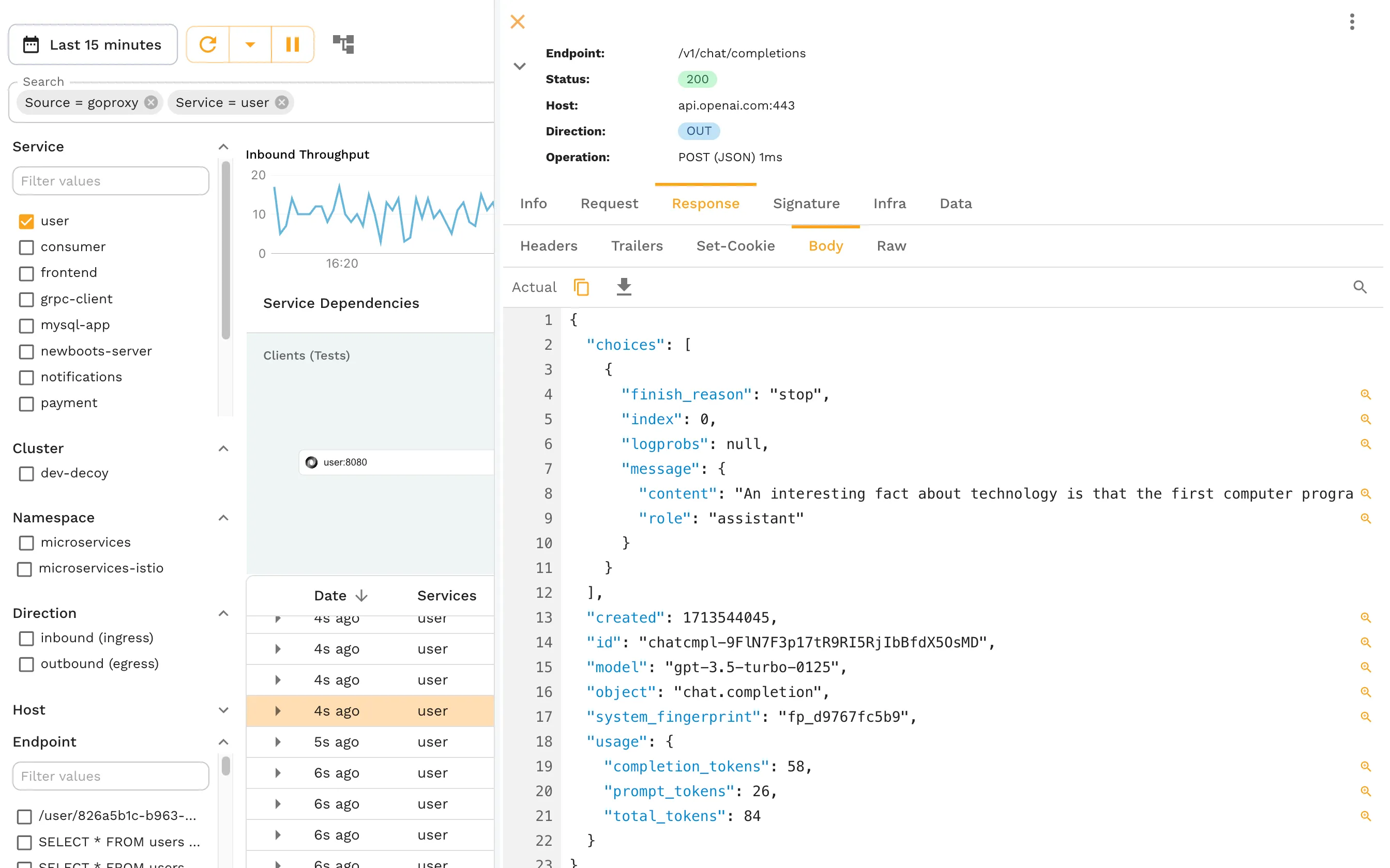 Traffic viewer showing API calls to OpenAI ChatGPT