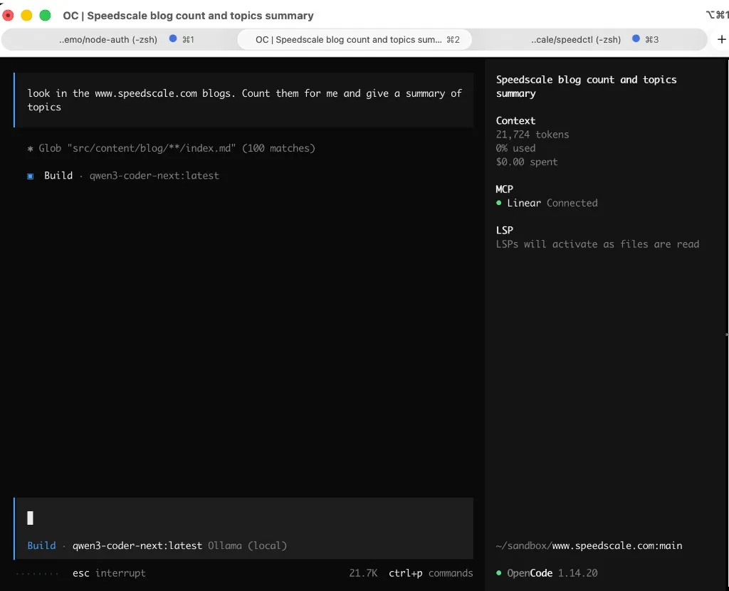 OpenCode: prompt to count and summarize blog posts, glob over index files, model qwen3-coder-next on Ollama local, ~21K context, $0.00 spend
