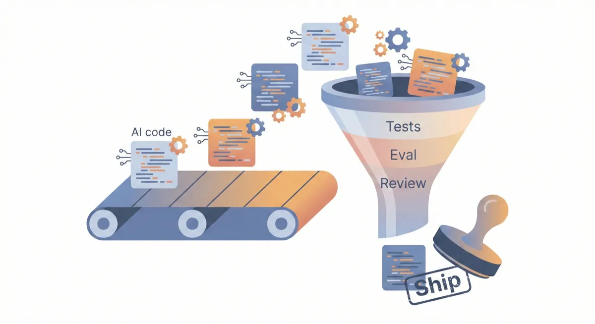 AI-assisted code flowing through validation gates before release