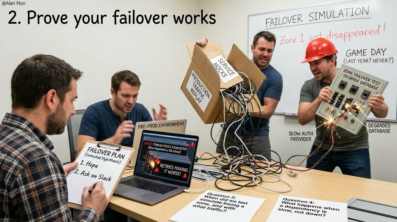 Team in a pre-production room simulating a zone failure with production traffic replay and service mocks while a failover plan reads "hope" and "ask on Slack"