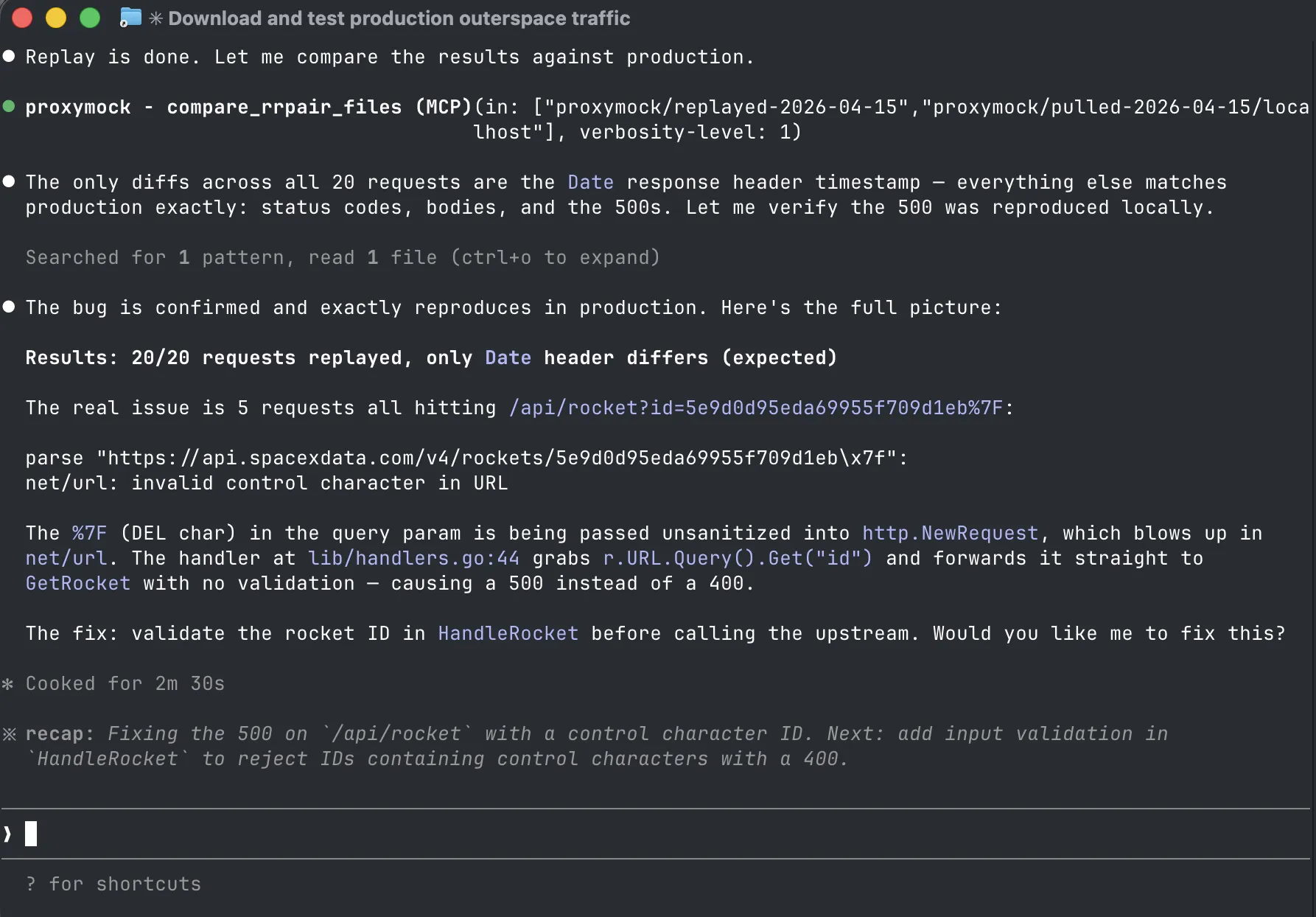 Claude Code terminal using the proxymock MCP to replay production traffic, confirm a 500 error, and pinpoint an unsanitized URL parameter in HandleRocket