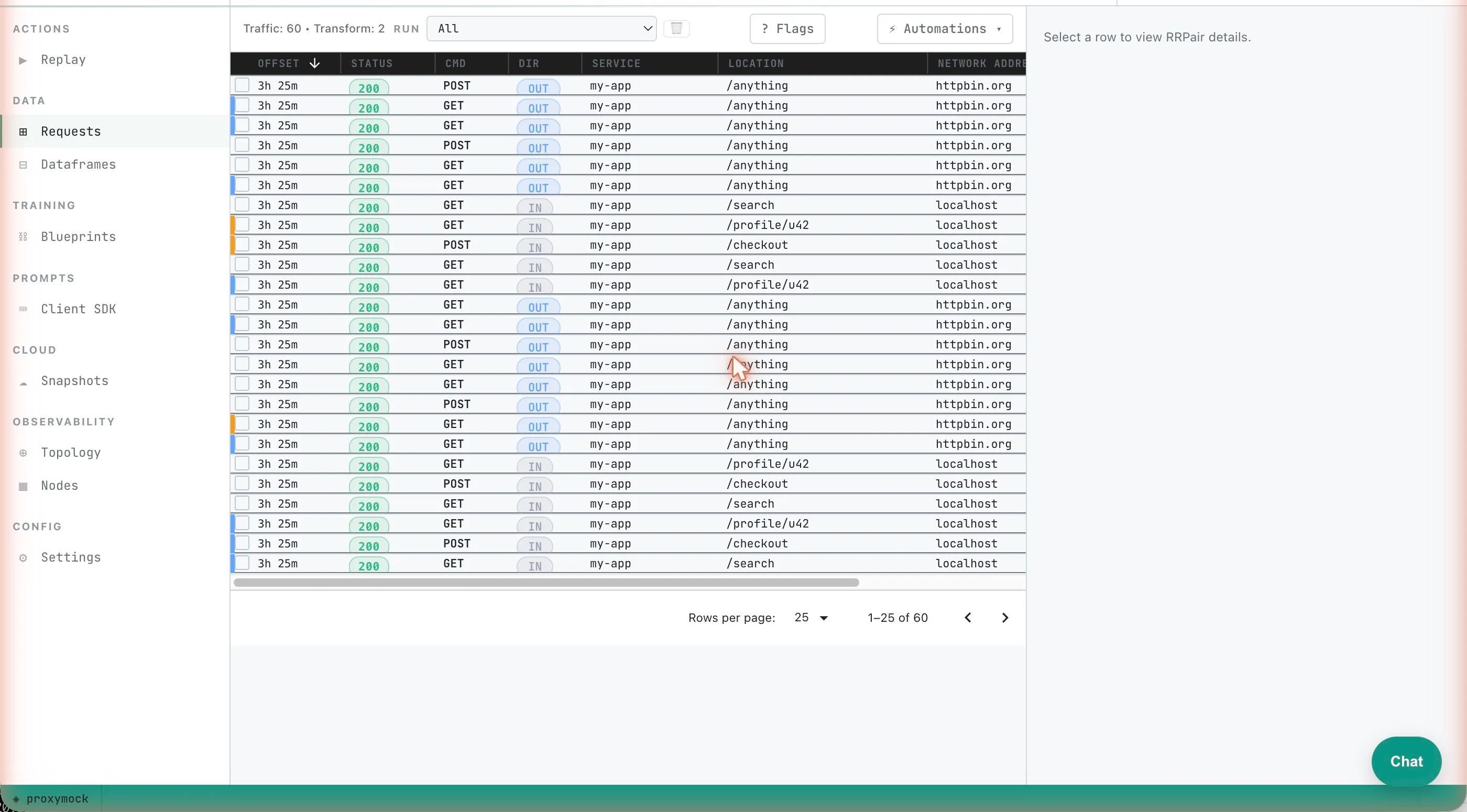 Live cluster traffic streaming into the proxymock web Observability surface on localhost