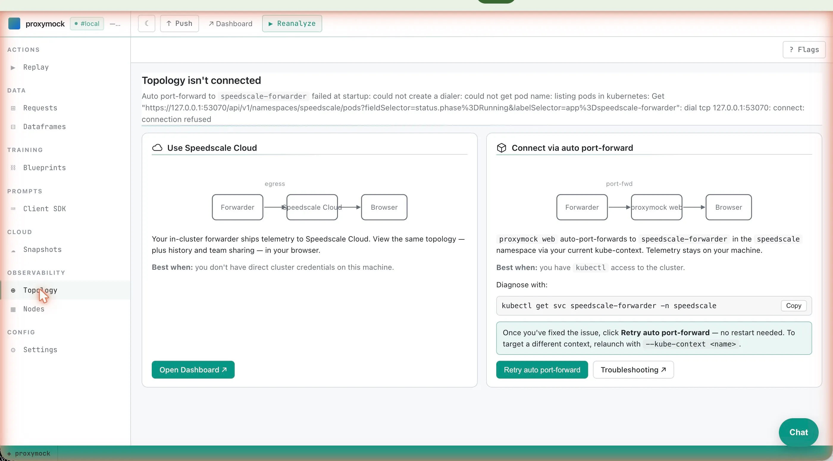 Topology chooser in proxymock web showing the two connection paths: Speedscale Cloud egress vs auto-port-forward to speedscale-forwarder, with a kubectl diagnose command