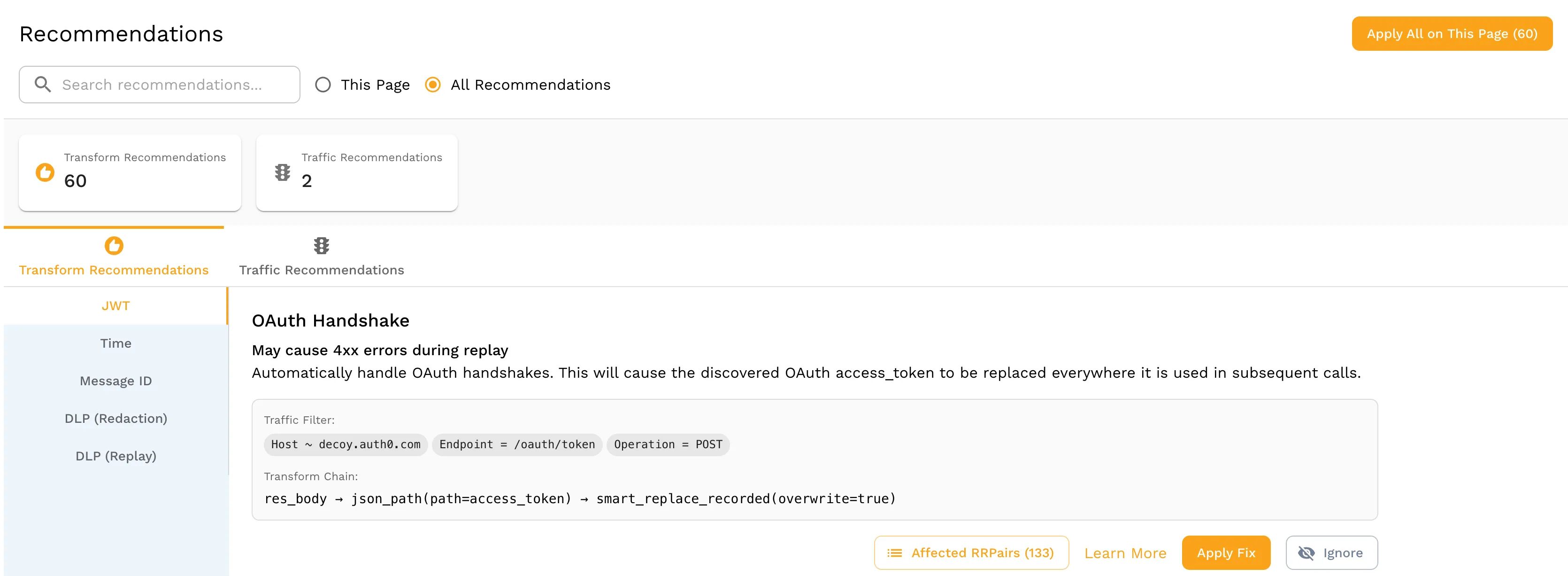 Speedscale Recommendations tab showing a detected OAuth handshake with a smart_replace_recorded transform to re-sign expired JWTs