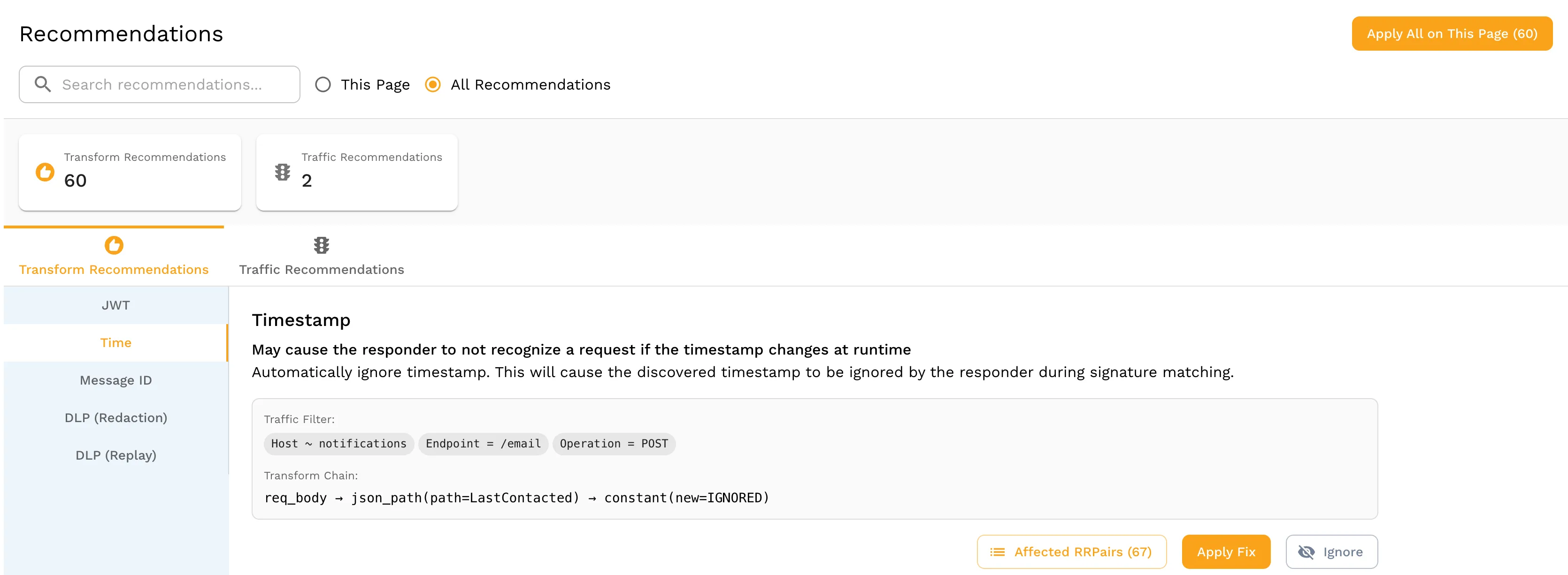 Speedscale Recommendations tab showing a detected timestamp field with a transform to ignore it during replay matching