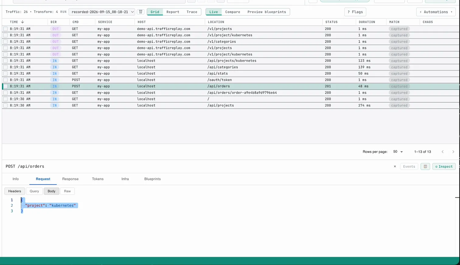Recorded API traffic with the POST /api/orders request selected and its JSON body visible.