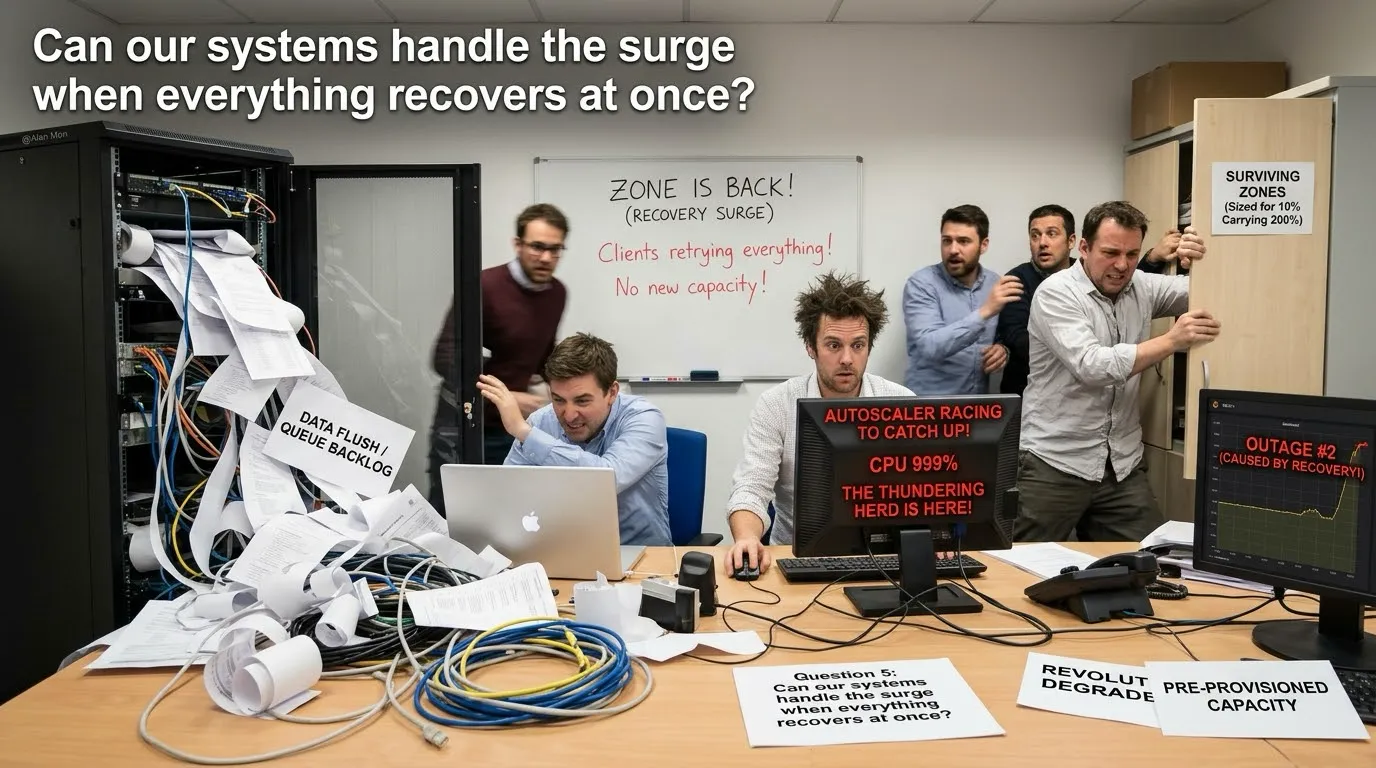 Ops team scrambling as retries, queue backlogs and an autoscaler racing to catch up hit all at once after a zone comes back
