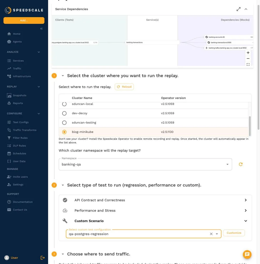 The replay wizard with the blog-minikube cluster on operator v2.5.1130, the banking-qa namespace and the qa-postgres-regression test config selected